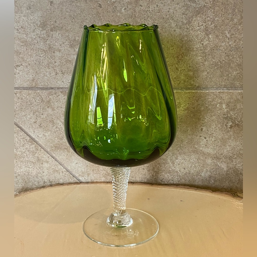Vintage Green Italian Glass Ribbed Etch Crystal Pedestal Stem Brandy Wine Glass